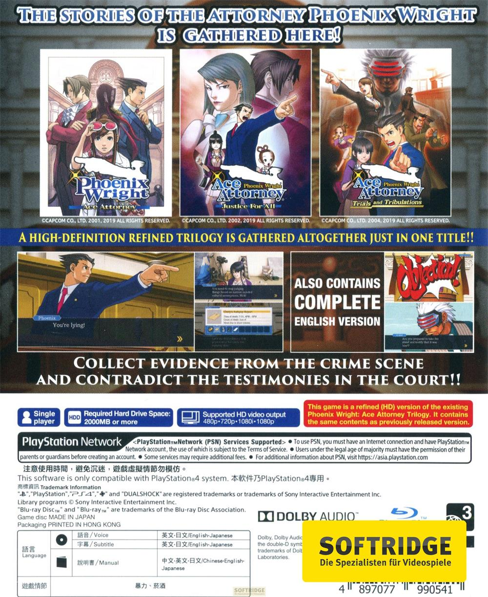 Copertina del gioco Phoenix Wright: Ace Attorney Trilogy, con personaggi e titoli.
