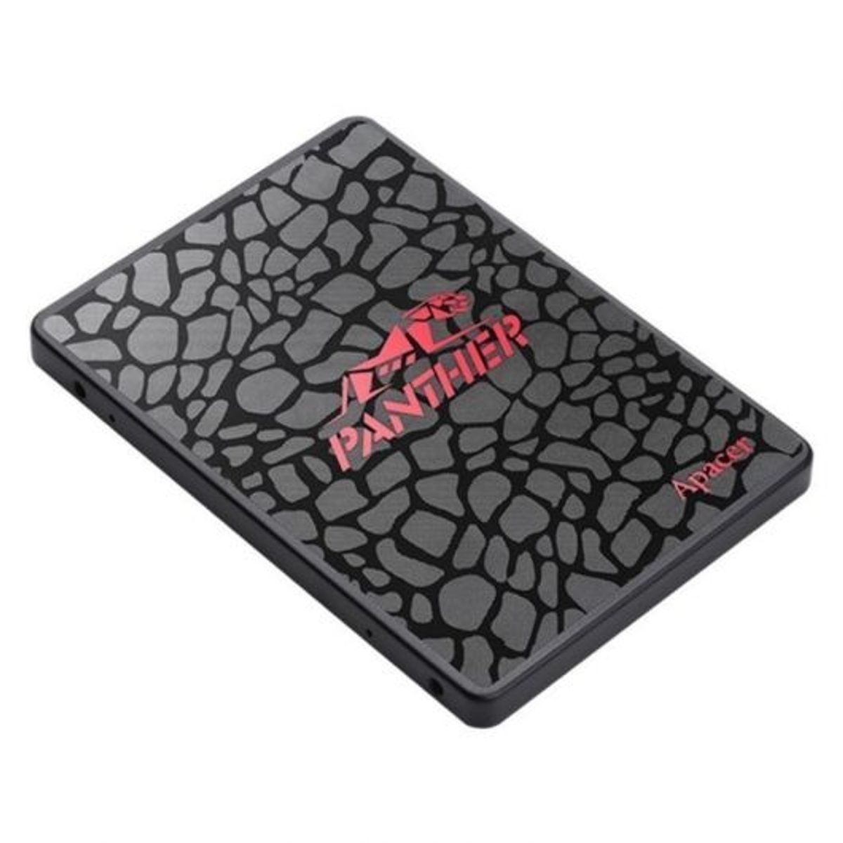 Czarny dysk SSD z szarym wzorem i czerwonym logo pantery.