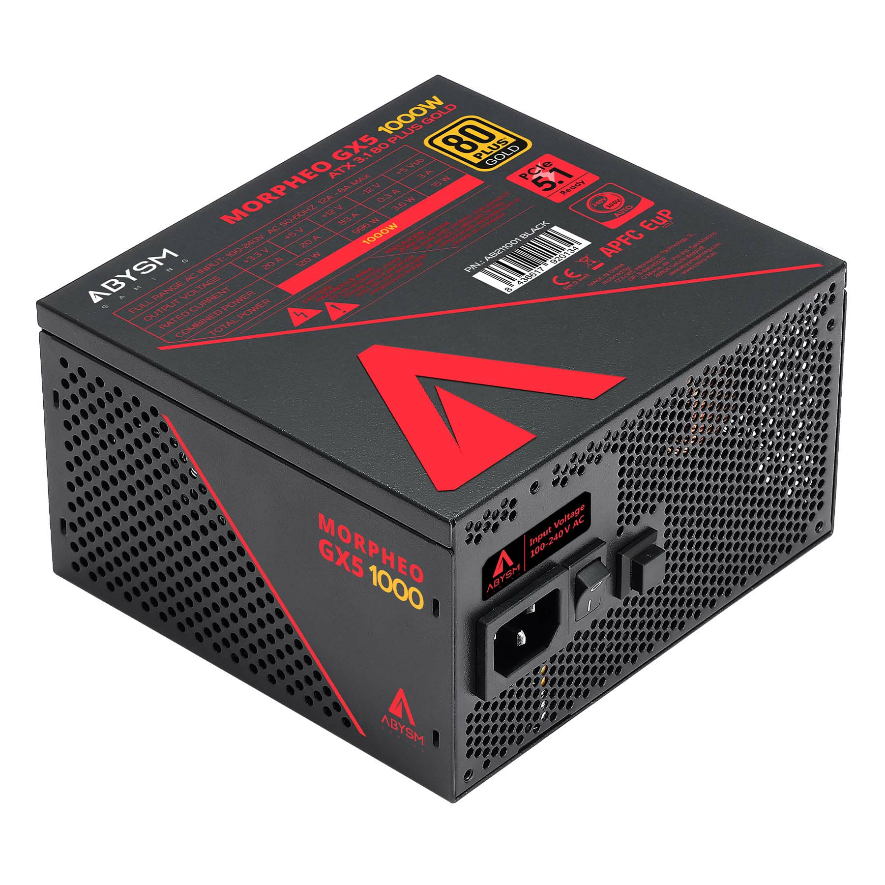 Alimentatore nero con accenti rossi, modello "MORPHEO GX5 1000W".