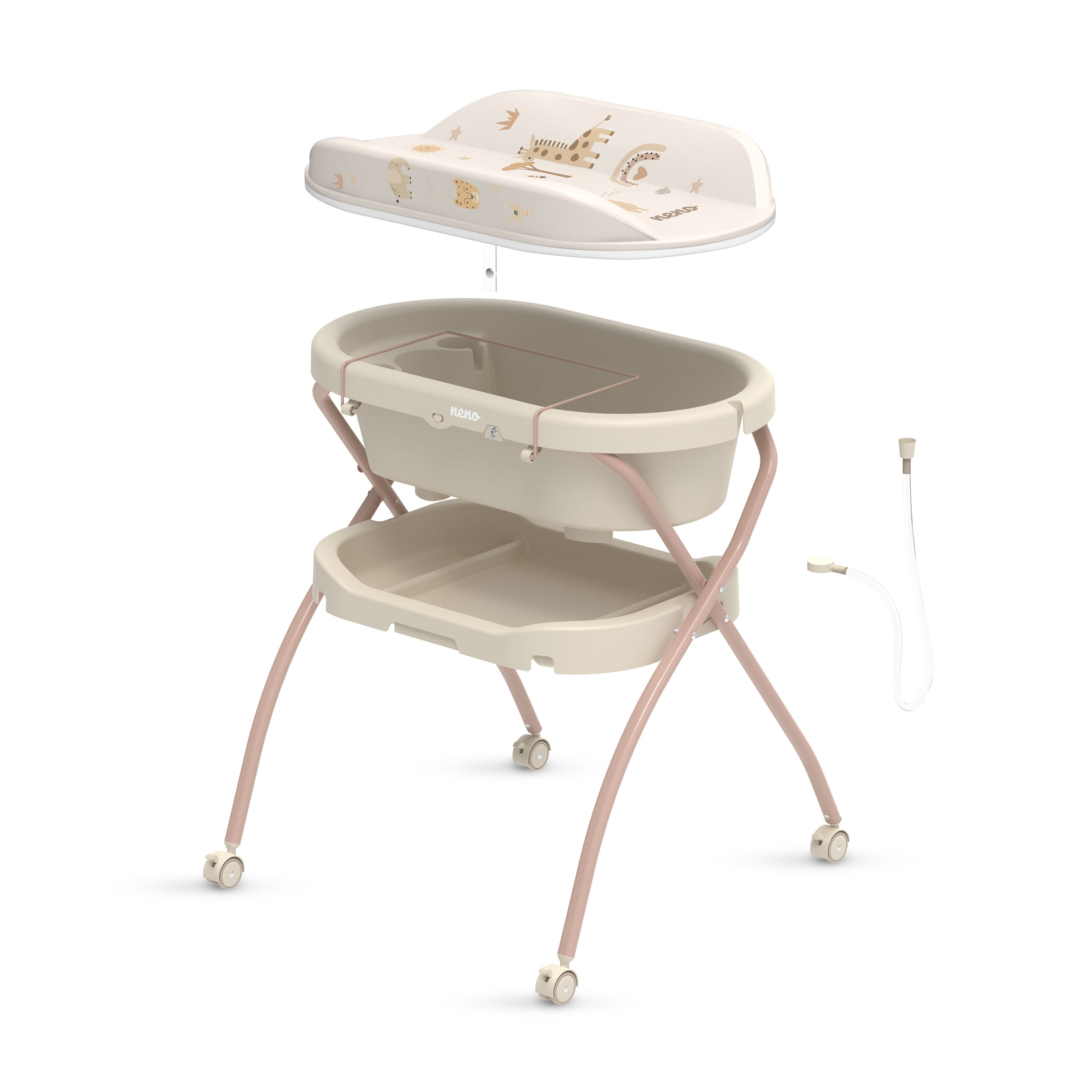 Beżowa wanienka dziecięca ze stojakiem, kółkami i przewijakiem ze zwierzątkami.