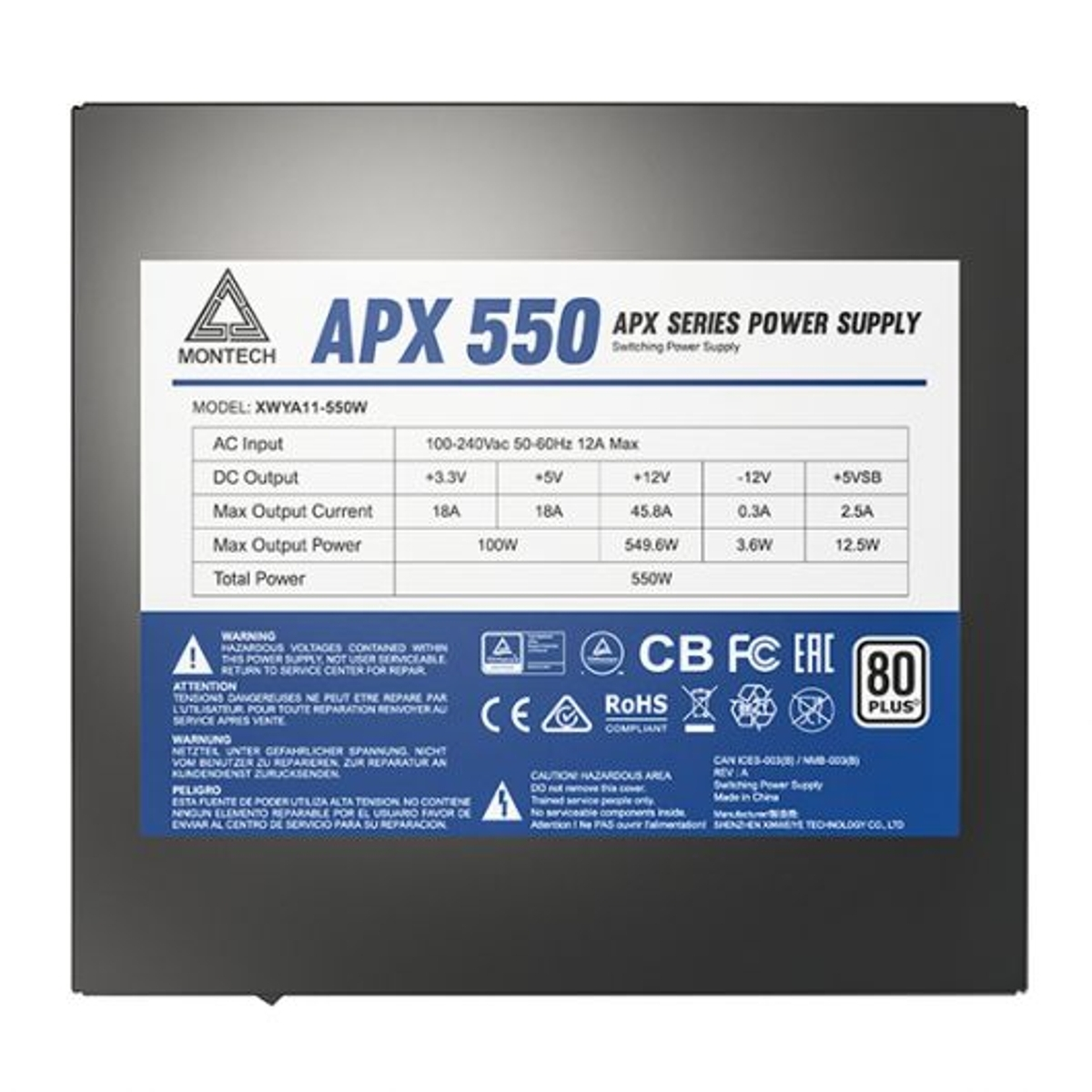 Una fuente de alimentación Montech APX 550 con especificaciones y advertencias.