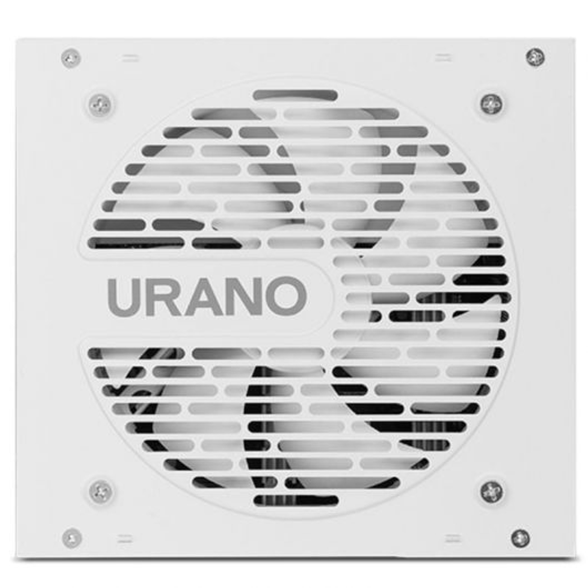 Un case bianco con griglia della ventola e il nome URANO.