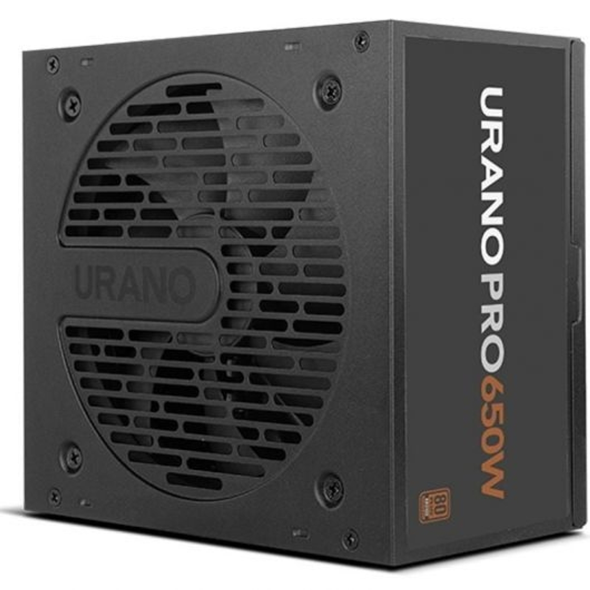 Fuente de alimentación negra con rejilla de ventilador y etiqueta URANO PRO 650W.