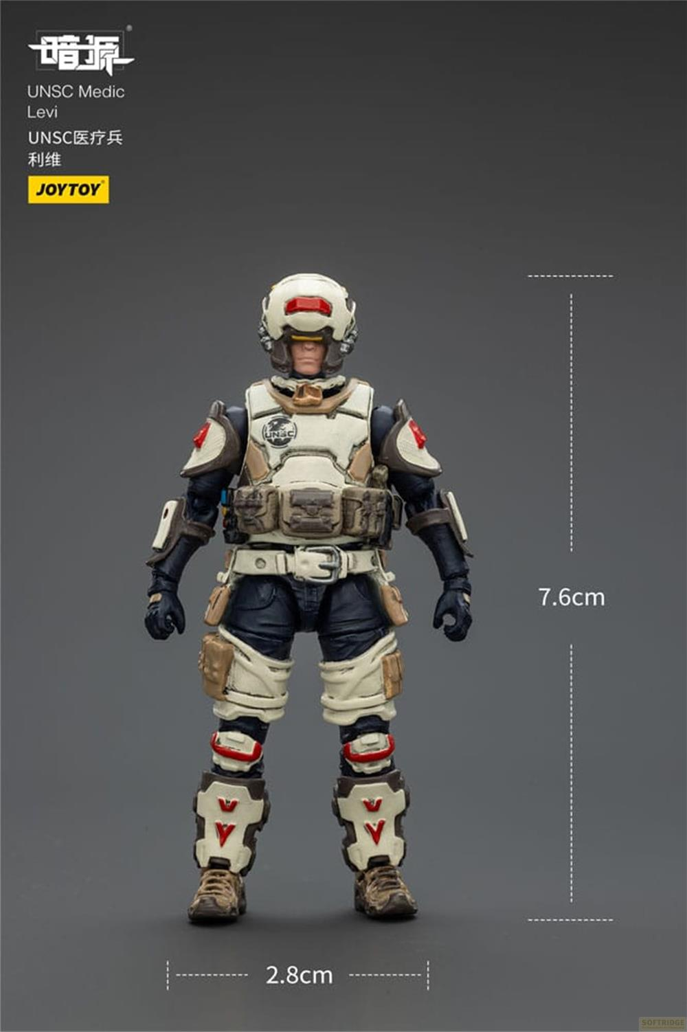 Eine Actionfigur eines UNSC-Sanitäters mit weißer und dunkelblauer Rüstung auf grauem Hintergrund.