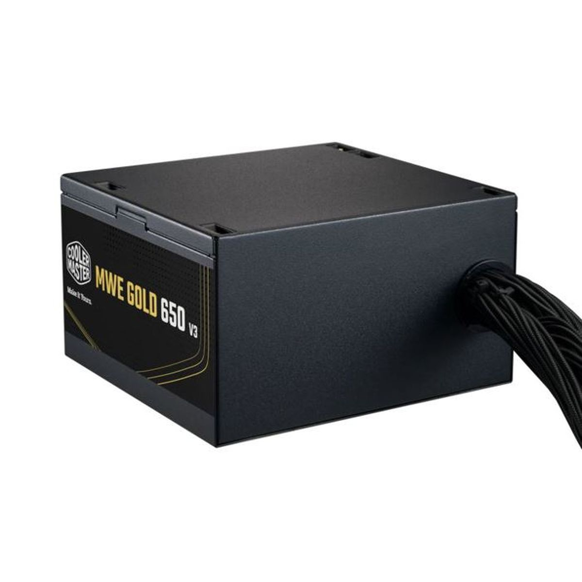 Una fuente de alimentación Cooler Master MWE Gold 650 V3 negra con cables.