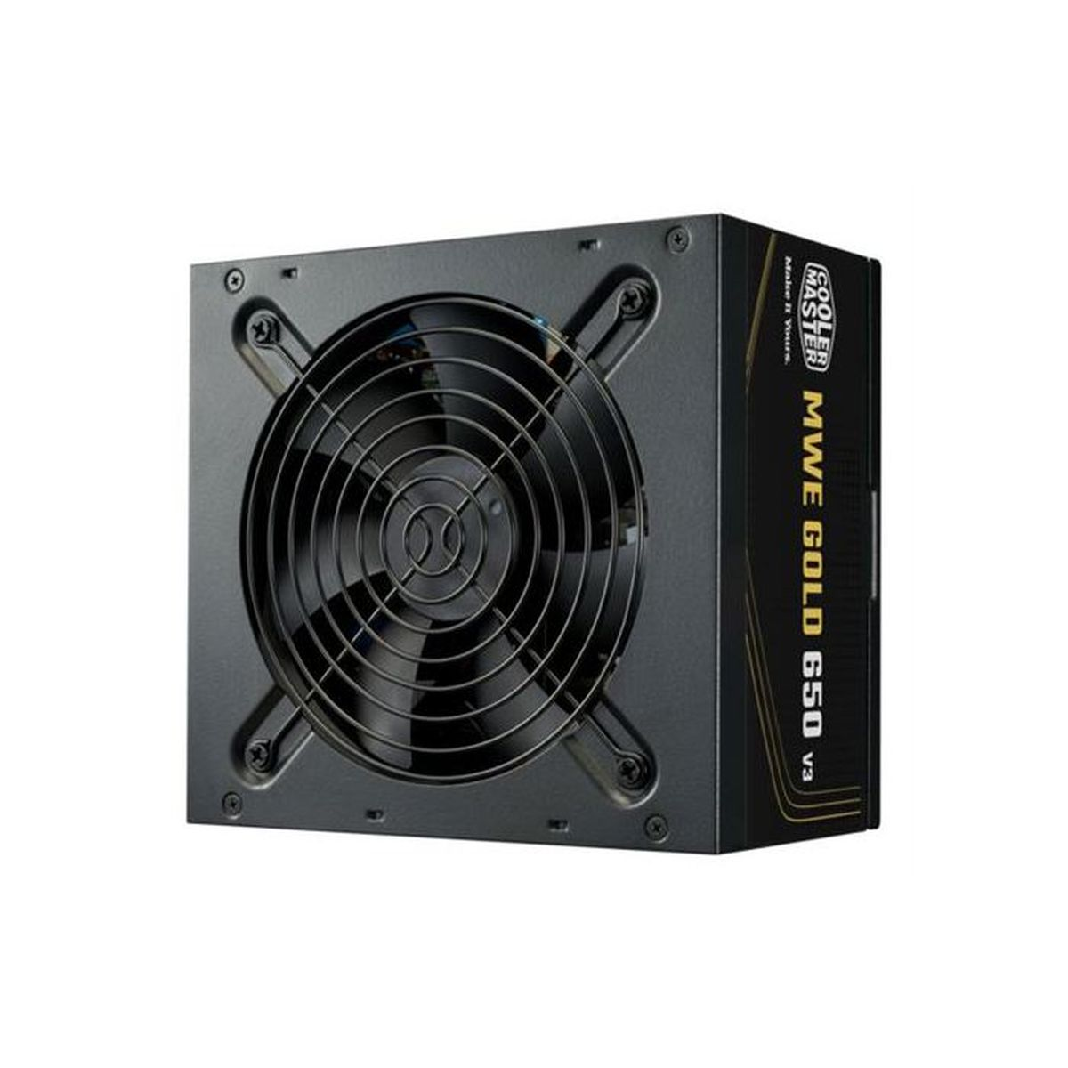 Fuente de alimentación negra con ventilador y letras doradas. Logotipo Cooler Master.