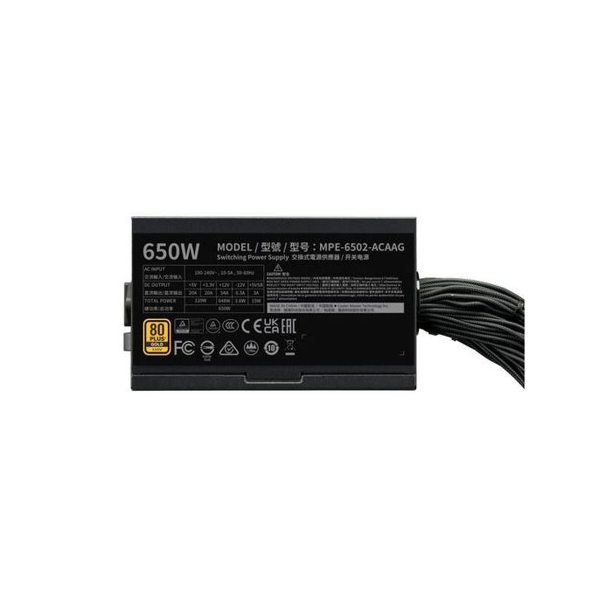 Fuente de alimentación negra de 650W con certificación 80 Plus Gold, modelo MPE-6502-ACAAG.