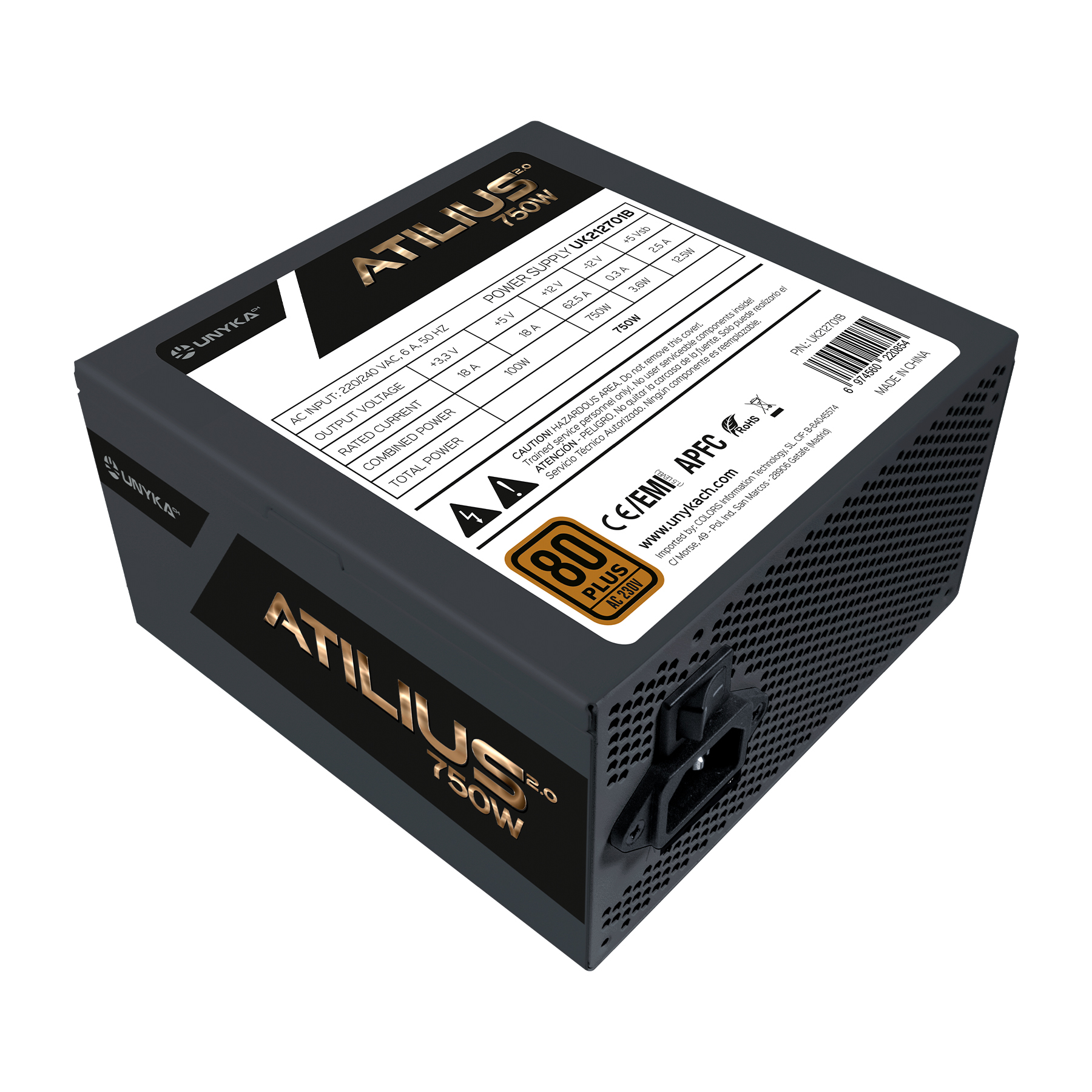 Czarny zasilacz ATILIUS 750W ze złotym napisem i detalami technicznymi.