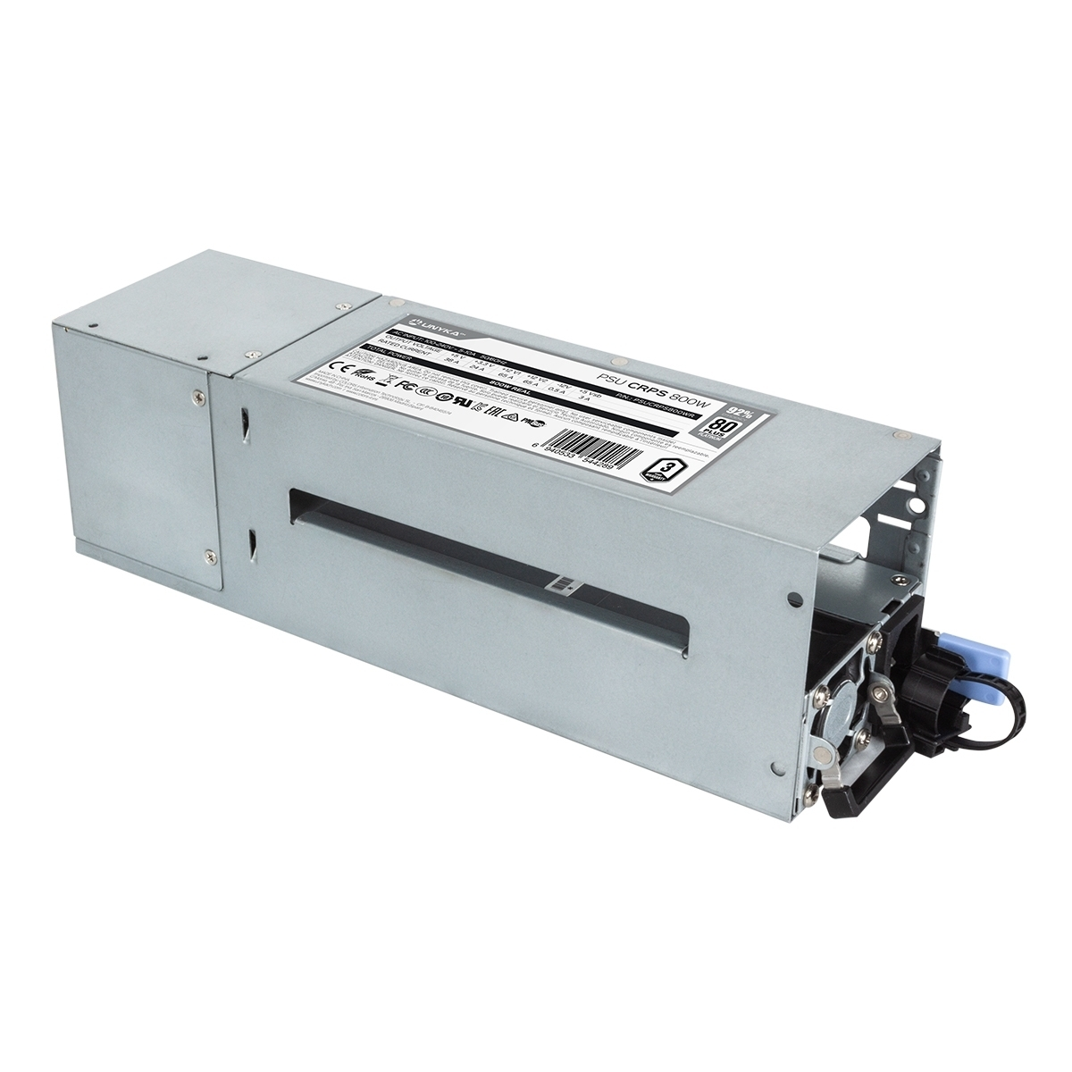 Carcasa plateada de fuente de alimentación con ventilador y etiqueta.