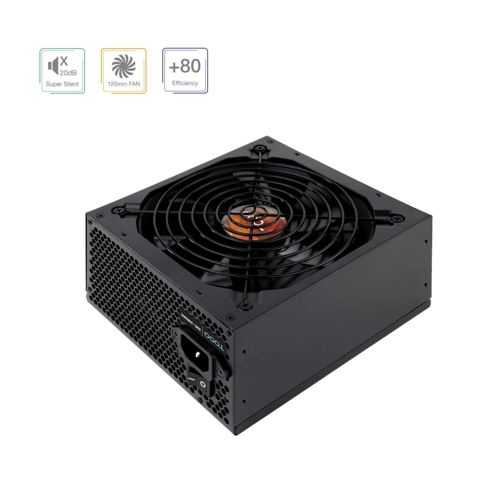 Alimentatore per computer nero con griglia ventola e interruttore sul lato.