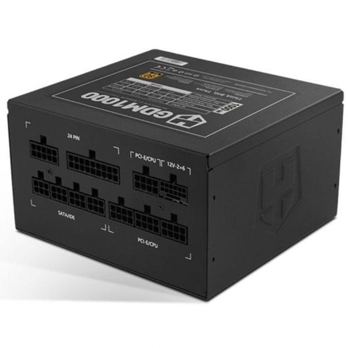 Fuente de alimentación negra con conectores de 24 pines, SATA, PCIe/CPU.