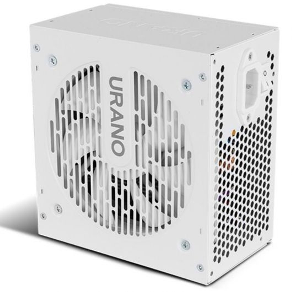 Fuente de alimentación blanca con etiqueta URANO, rejilla de ventilador y interruptor.
