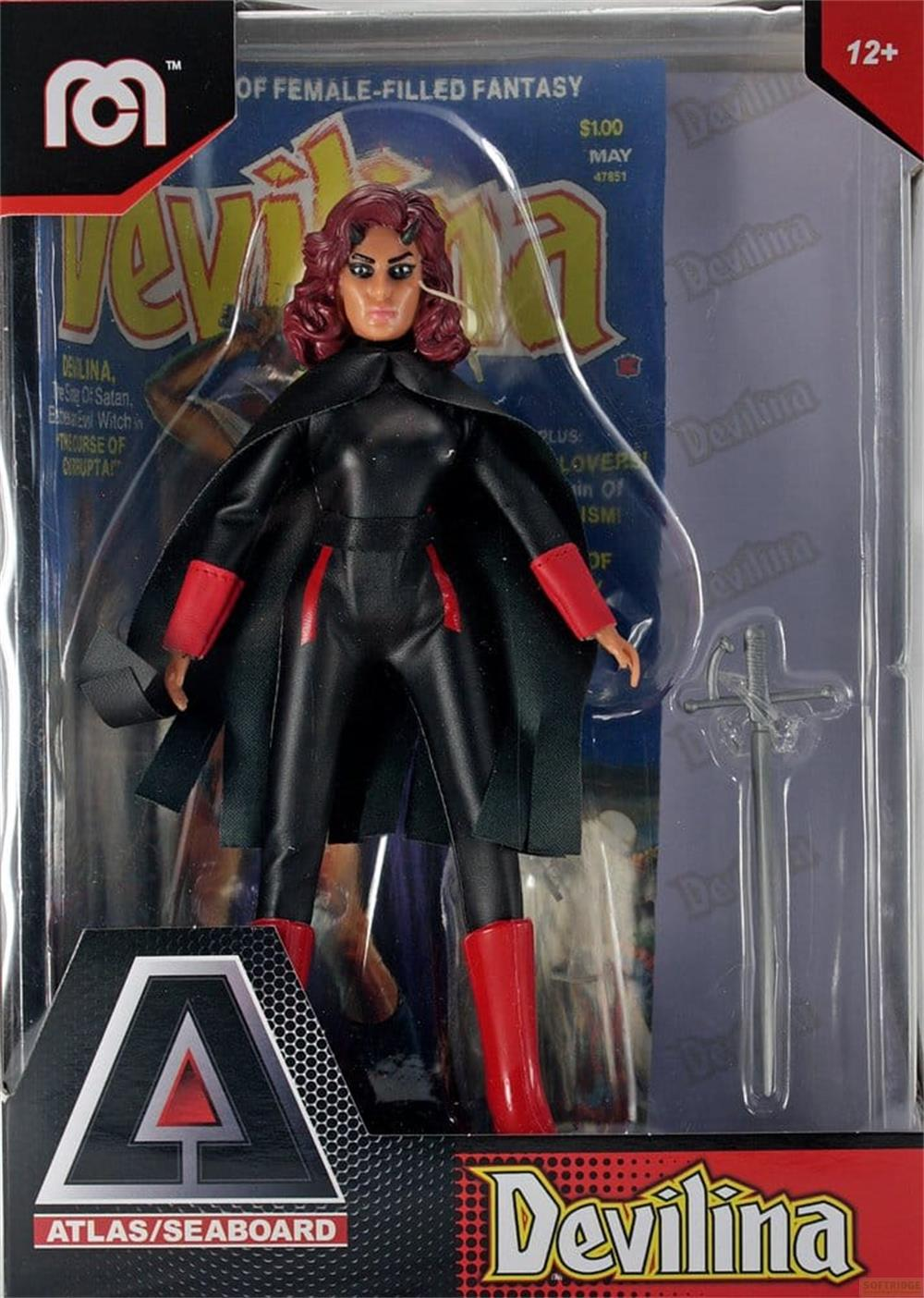 Actionfigur von Devilina im schwarzen Anzug mit roten Akzenten und Umhang.