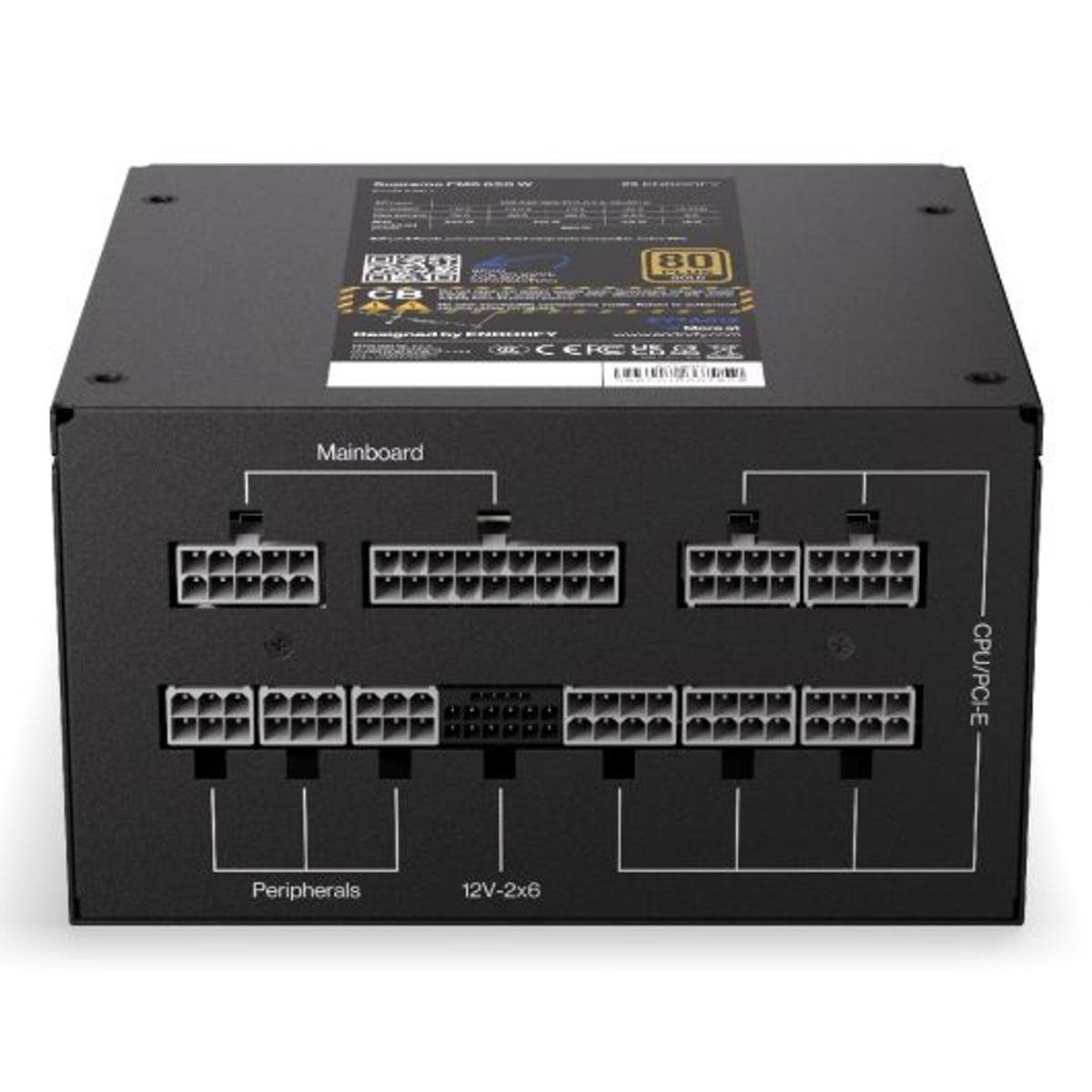 Fuente de alimentación negra con múltiples puertos para placa base, periféricos y CPU/PCI-E.