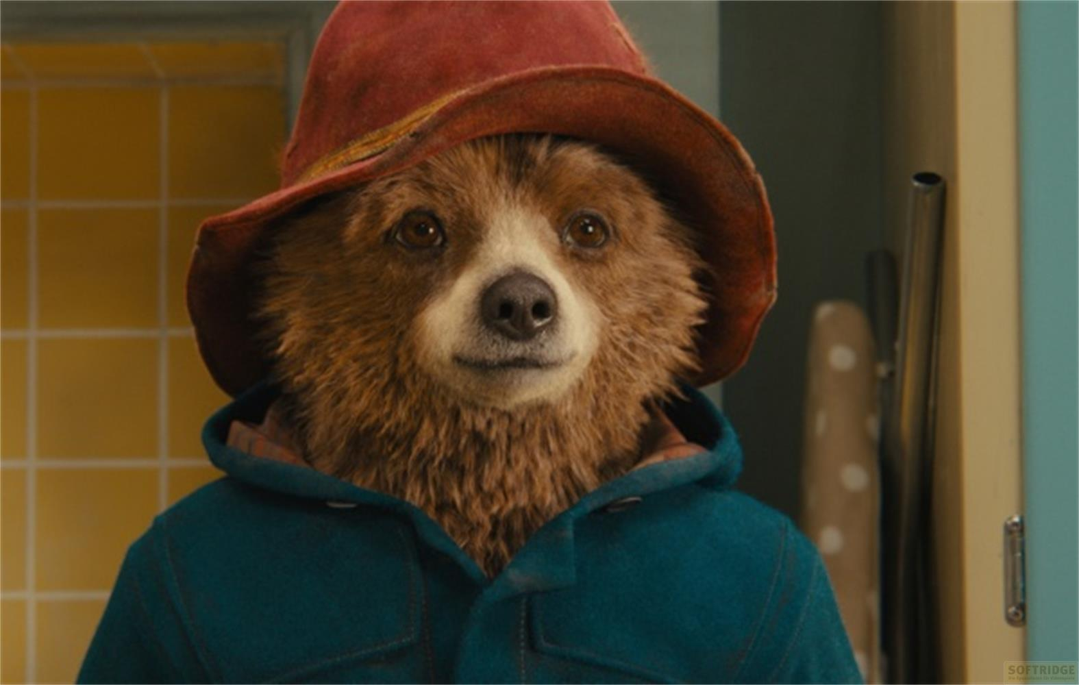 Orso Paddington con cappello rosso e cappotto blu, davanti a muro giallo piastrellato.