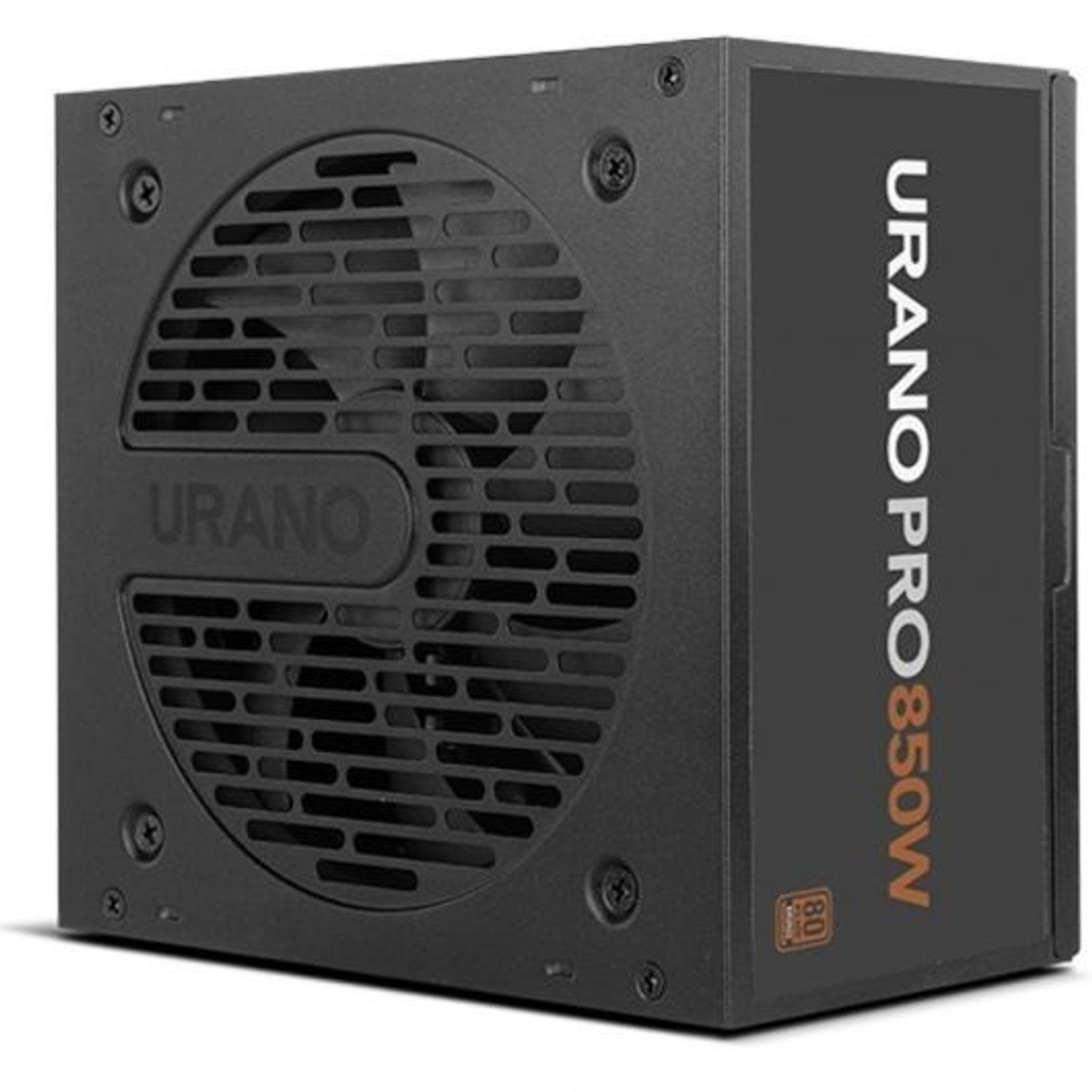 Fuente de alimentación negra con rejilla de ventilador y etiqueta URANO PRO 850W.