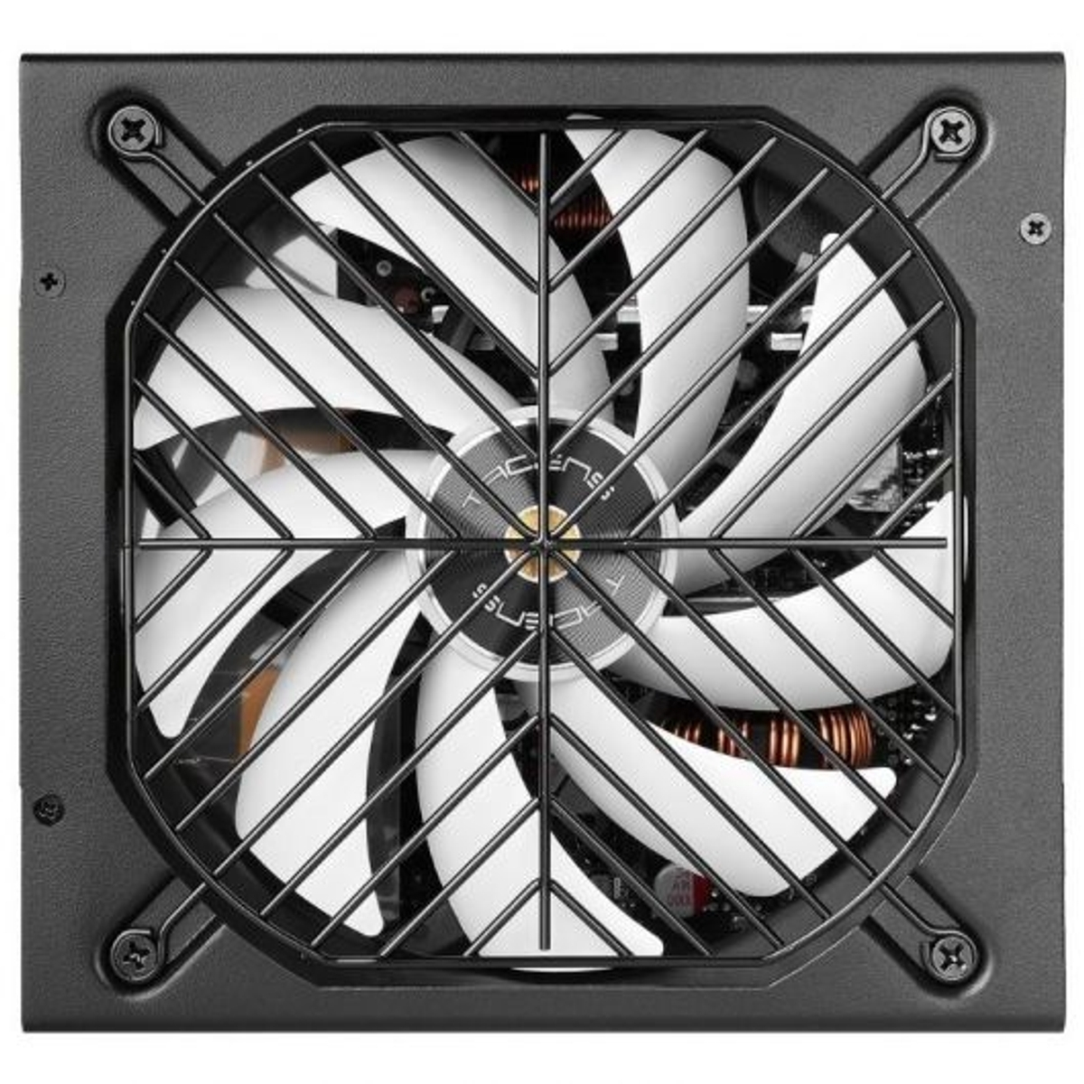 Un ventilador de computadora negro con aspas blancas tras una rejilla.