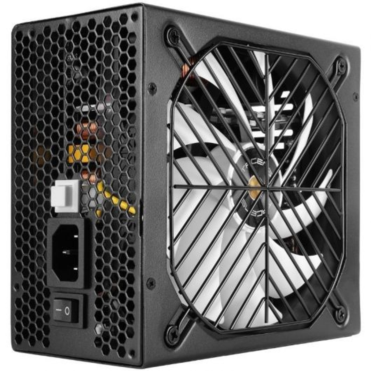 Fuente de alimentación negra con ventilador, interruptor y conector.
