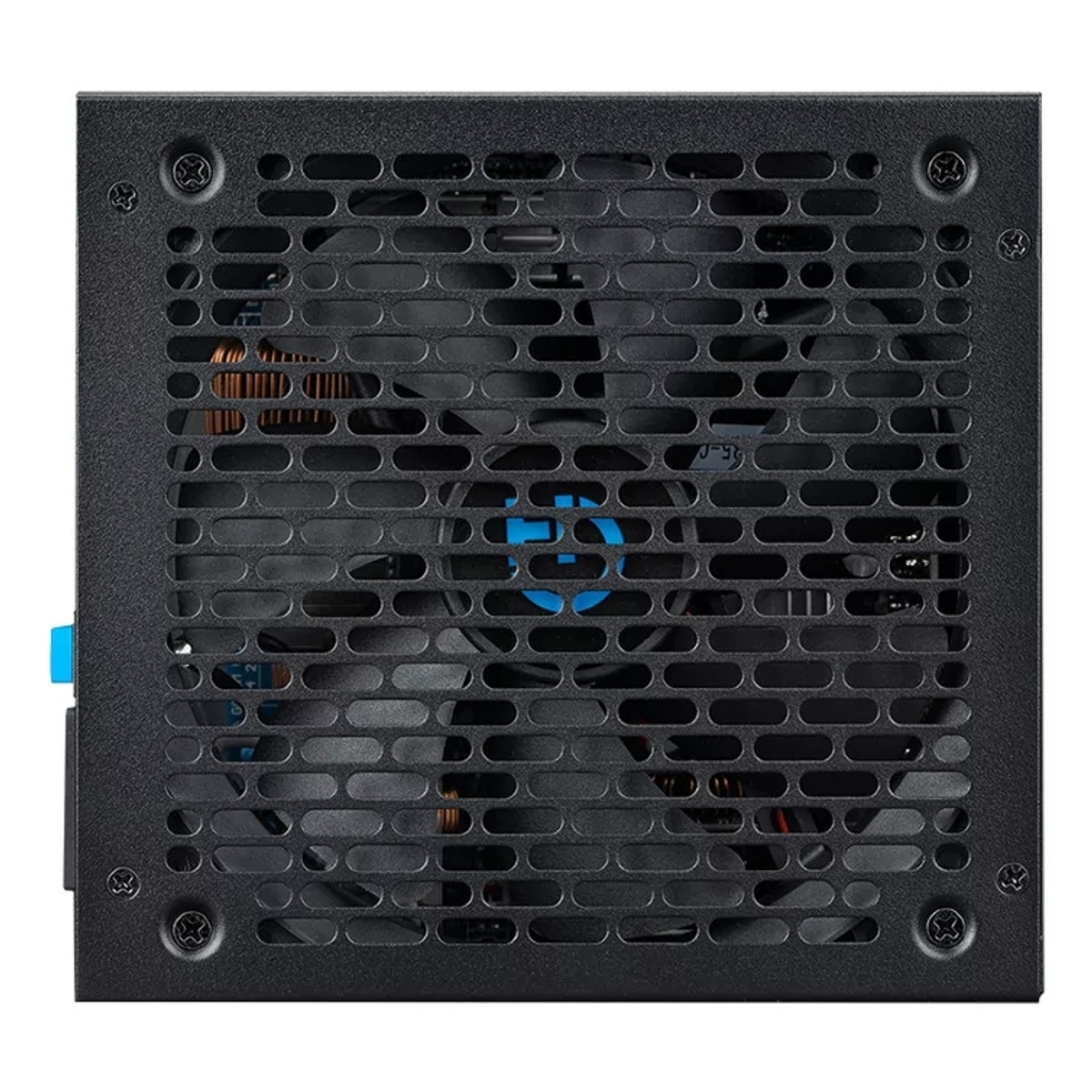 Una fuente de alimentación negra con ventilador y detalles azules, vista de frente.