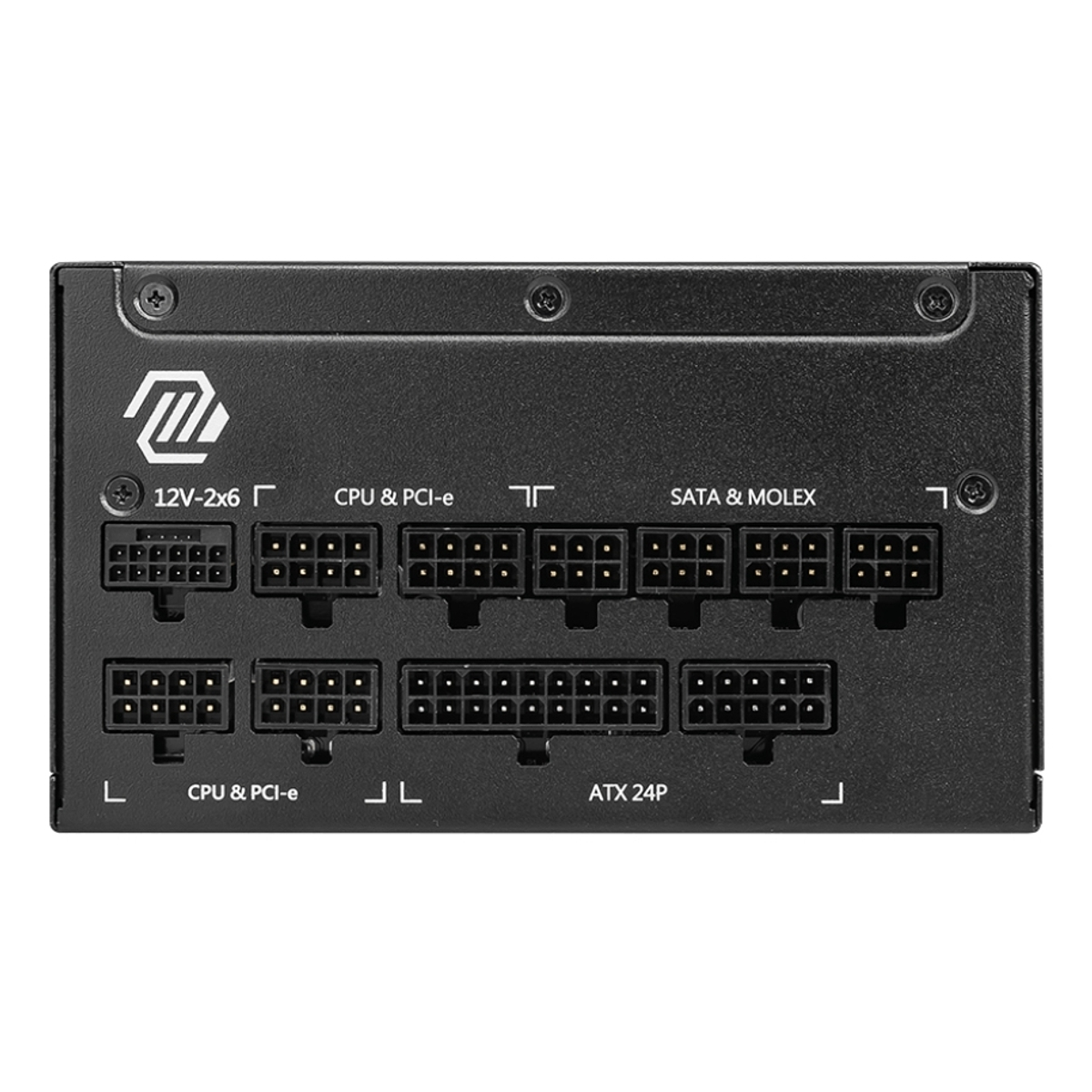 Alimentatore nero con connettori 12V, CPU, SATA, Molex e ATX.
