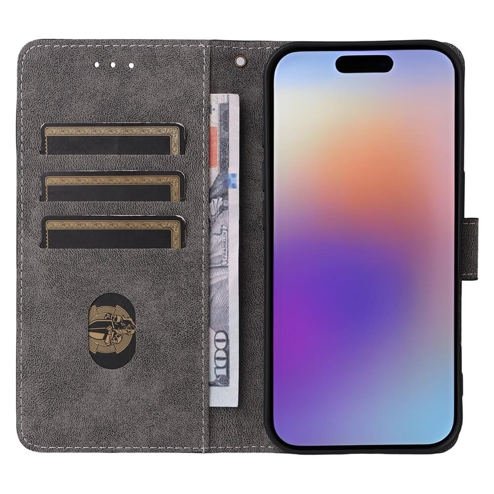 Custodia grigia per telefono con banconota e slot per carte.