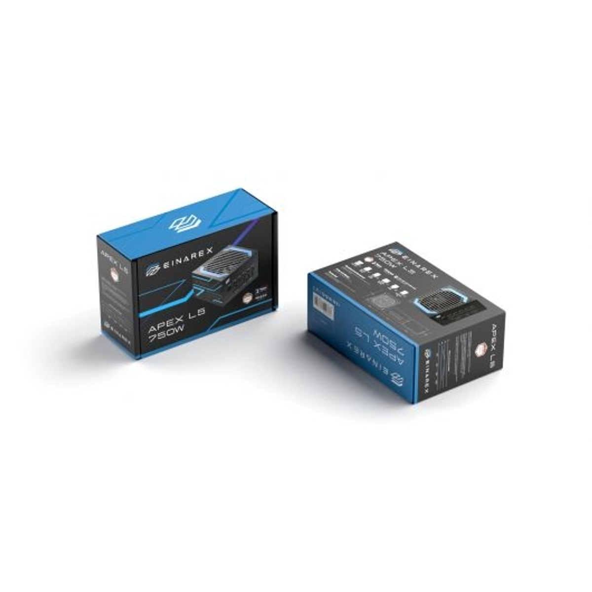 Dos cajas azules con fuentes de alimentación de computadora sobre fondo blanco.