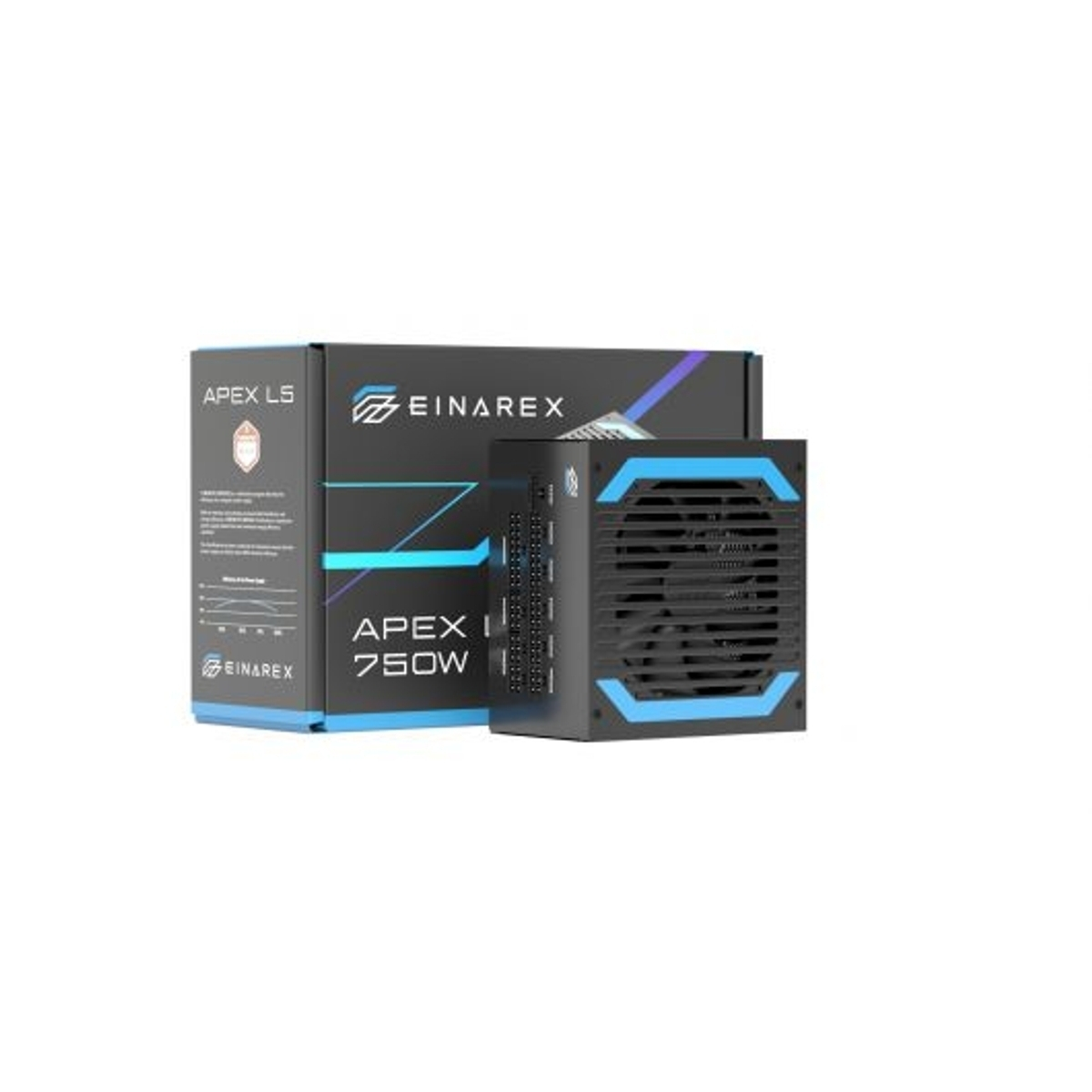 Una fuente de alimentación negra con detalles azules y su caja, etiquetada APEX 750W.