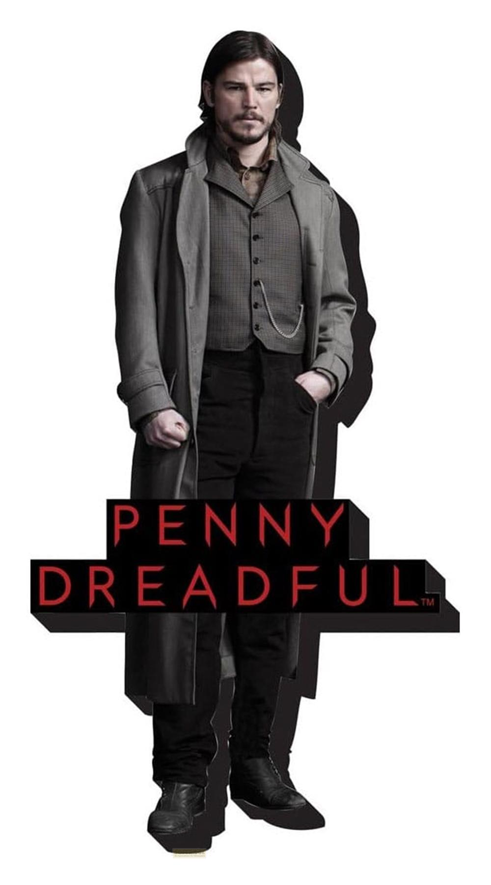 Ein Mann in einem langen Mantel, Weste und Hose mit dem Titel "Penny Dreadful".