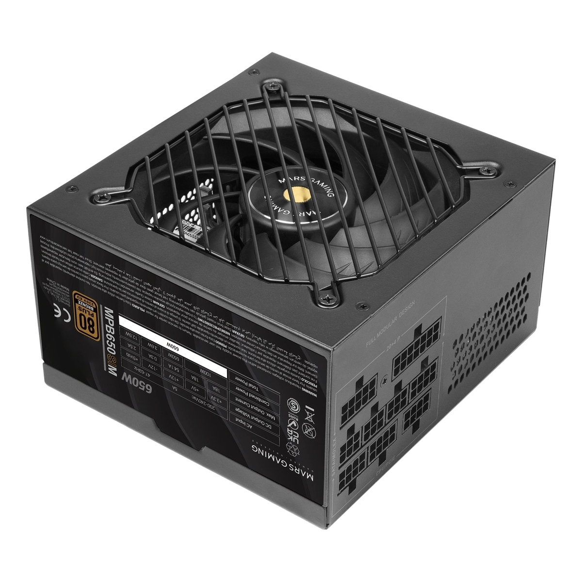 Fuente de alimentación negra con ventilador, conectores de cable y especificaciones.