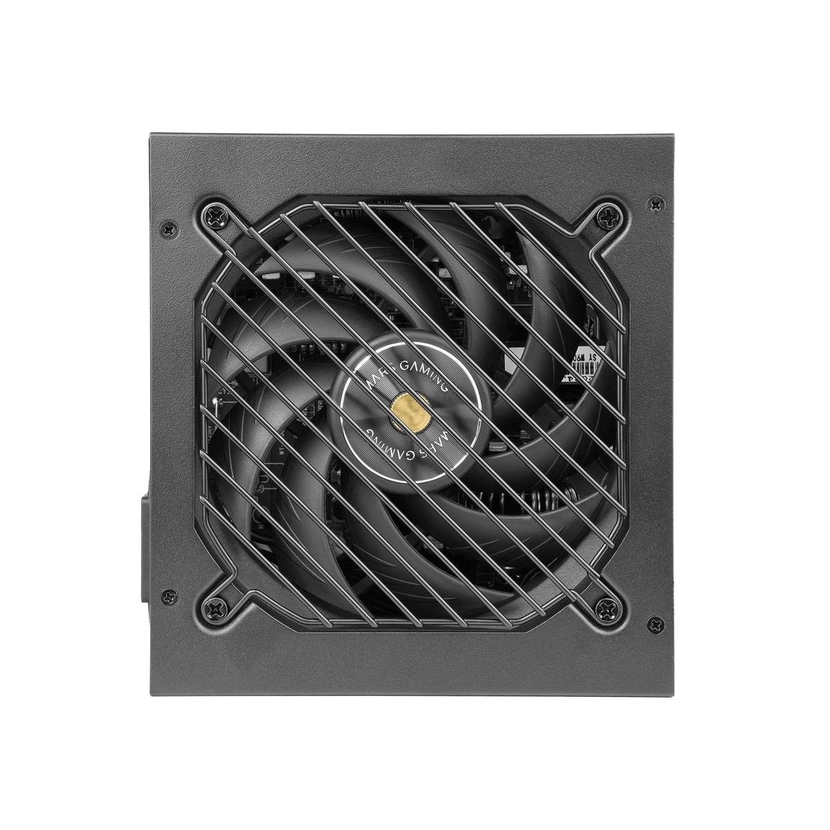 Ventilador negro de fuente de alimentación de PC con rejilla metálica y logo "Mars Gaming".