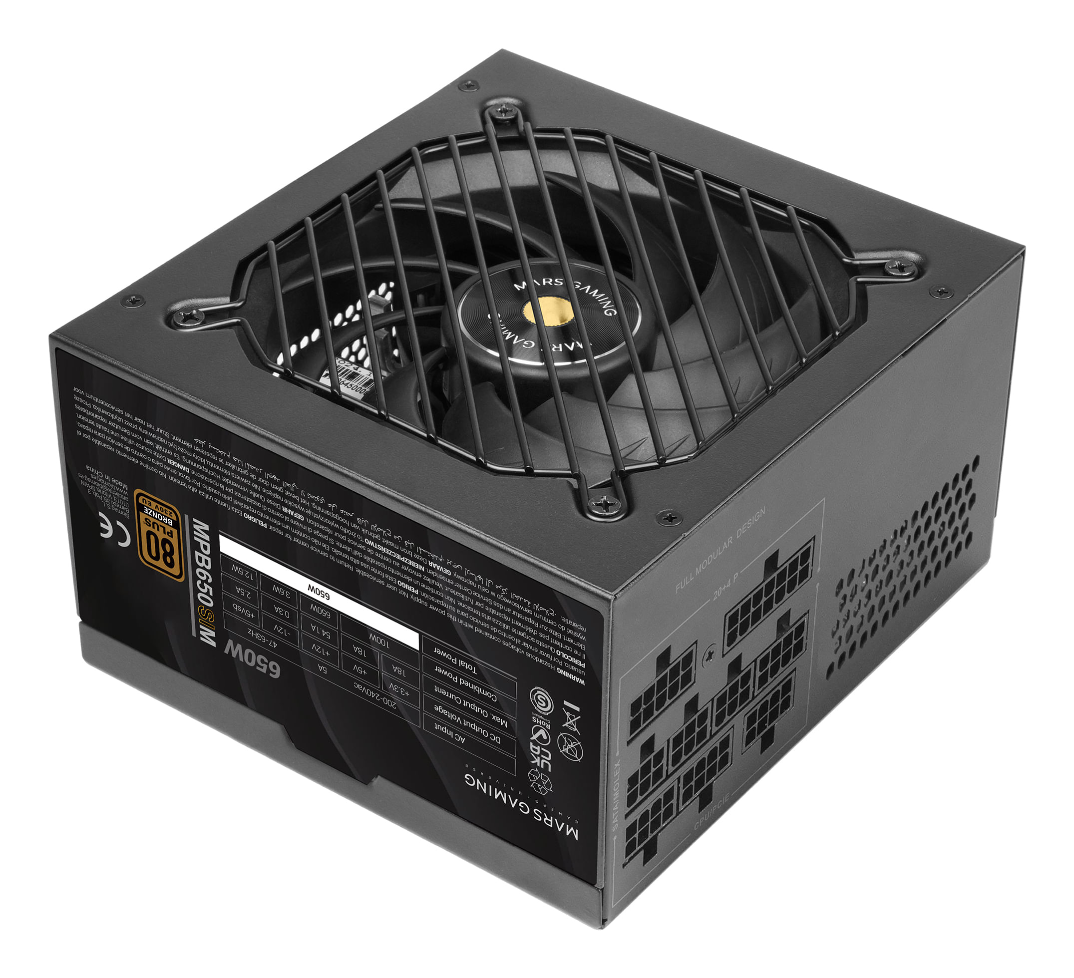 Fuente de alimentación negra con ventilador, conectores y etiqueta de especificaciones.