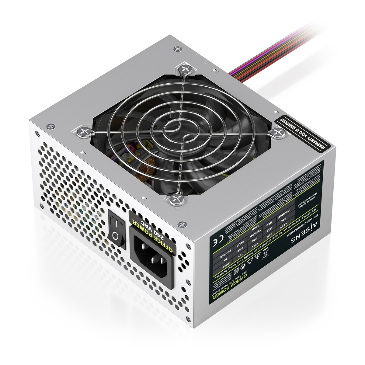 Un alimentatore argentato per computer con ventola e cavi.