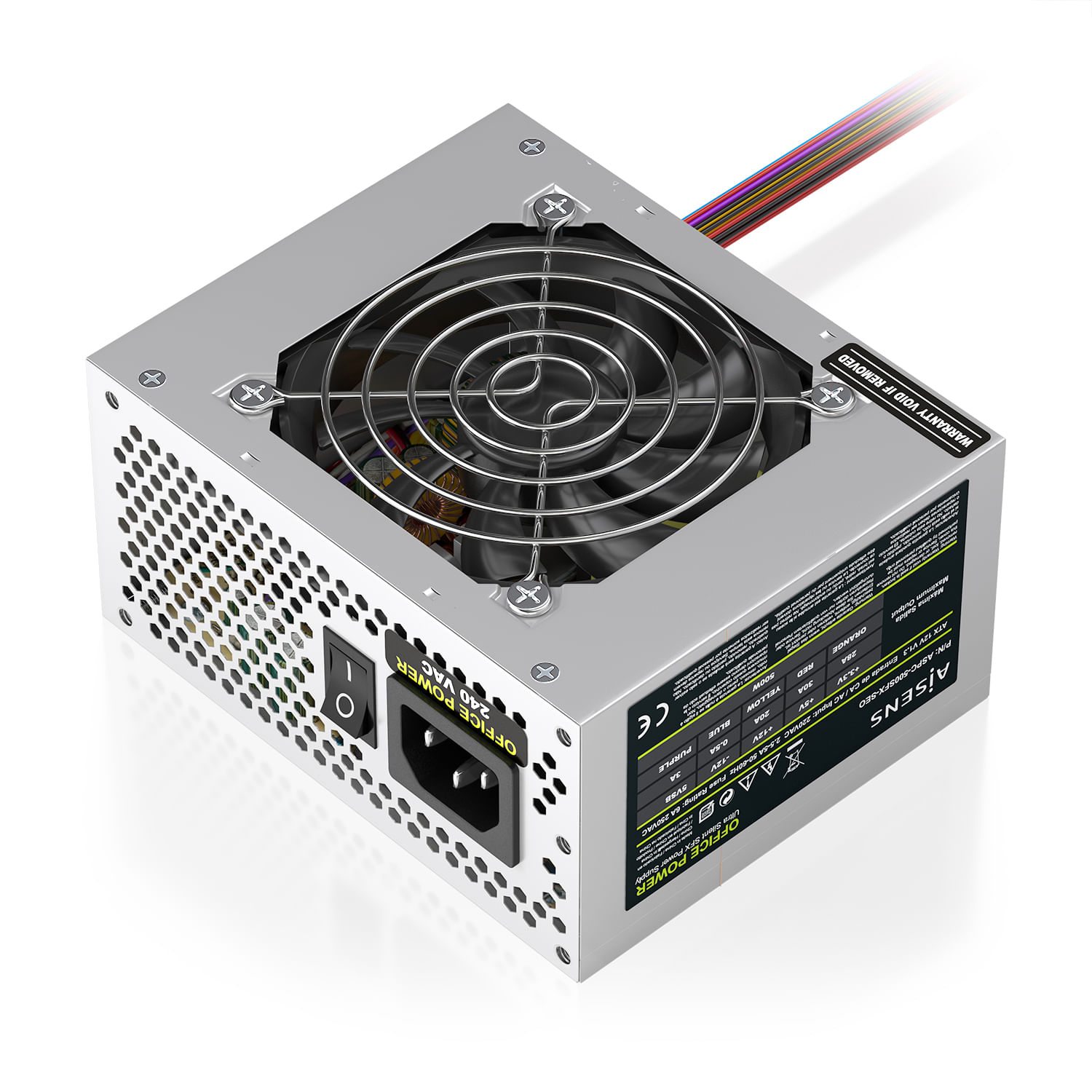 Alimentatore PC argentato con ventola, cavi ed etichetta.