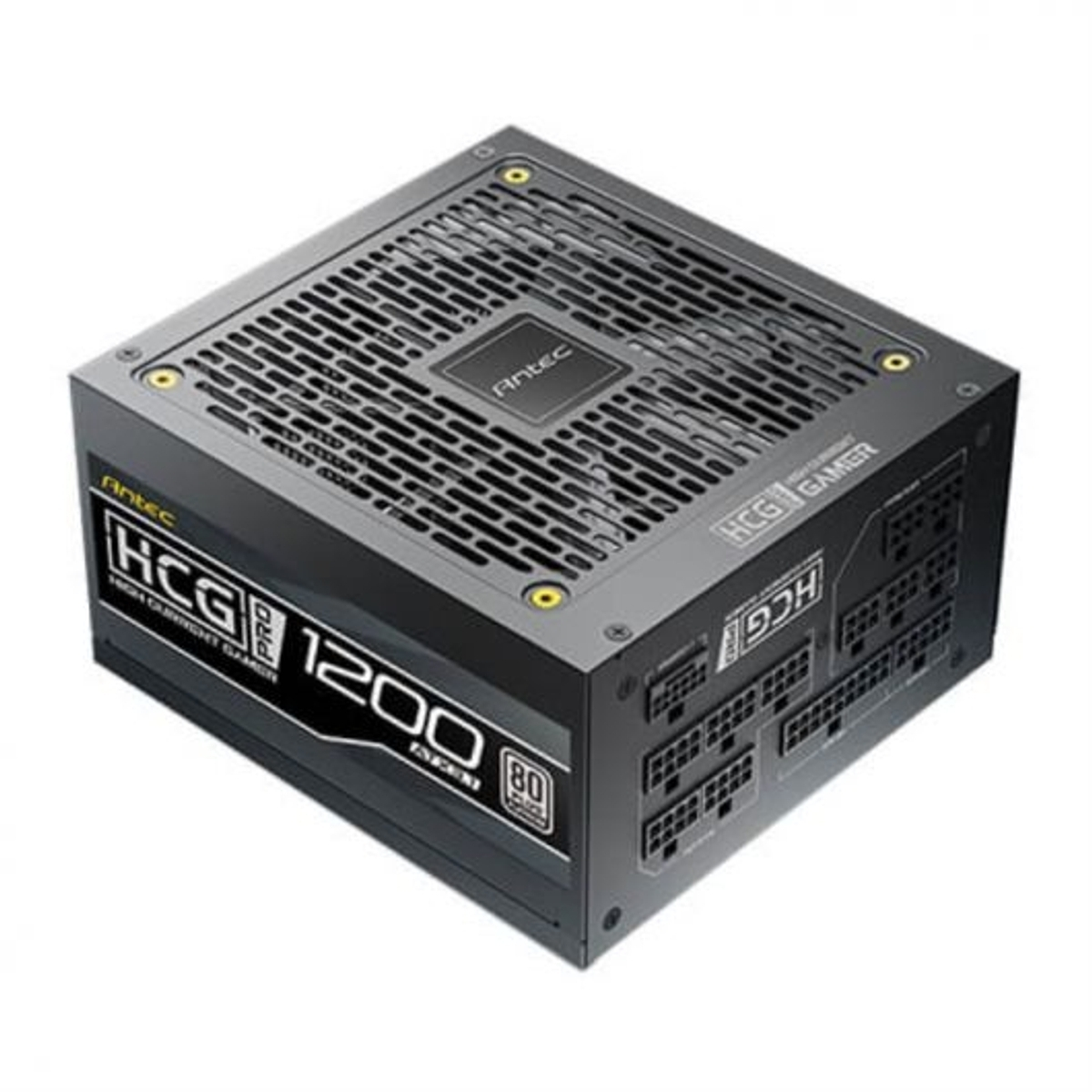 Czarny zasilacz Antec HCG 1200 PRO z otworami wentylacyjnymi.