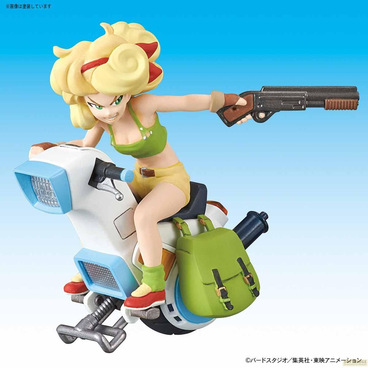 Eine Figur mit gelben Haaren und roter Schleife reitet auf einem weißen Motorroller und hält eine Schrotflinte.