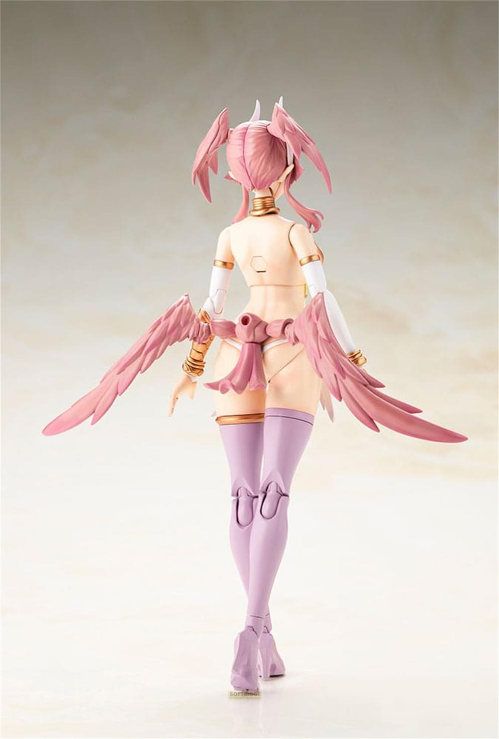 Eine Figur mit rosa Haaren, Flügeln und lilafarbenen Strümpfen.