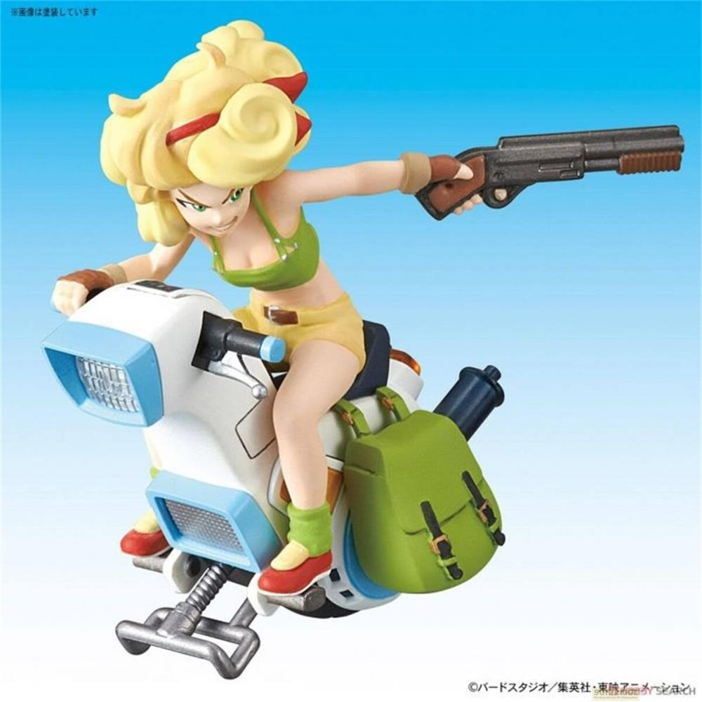 Anime-Figur einer Frau mit blonden Haaren auf einem Roller mit Gewehr und Rucksack.