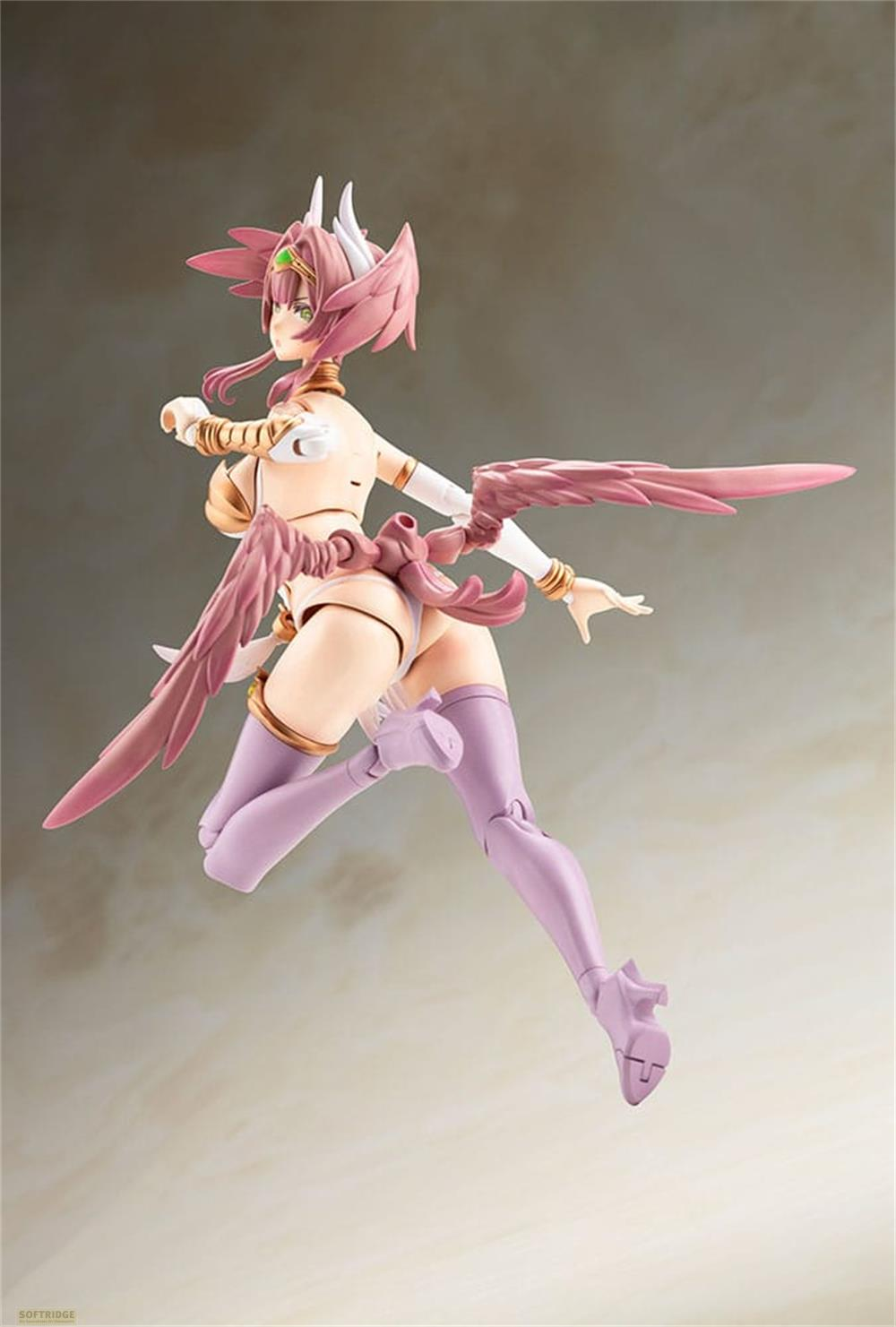 Eine pinkhaarige Figur mit Flügeln und lila Stiefeln springt.