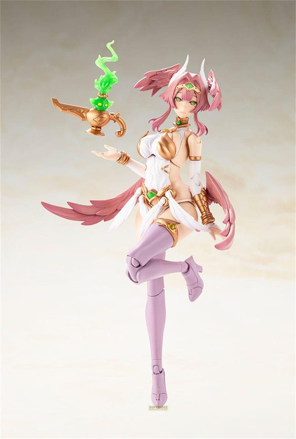 Eine Anime-Figur mit rosa Haaren und einem gold-weißen Outfit hält eine magische Lampe mit grünem Rauch.