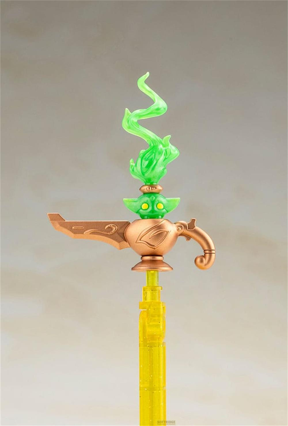 Bronzene Lampe mit grünem Geist und gelbem Stab.