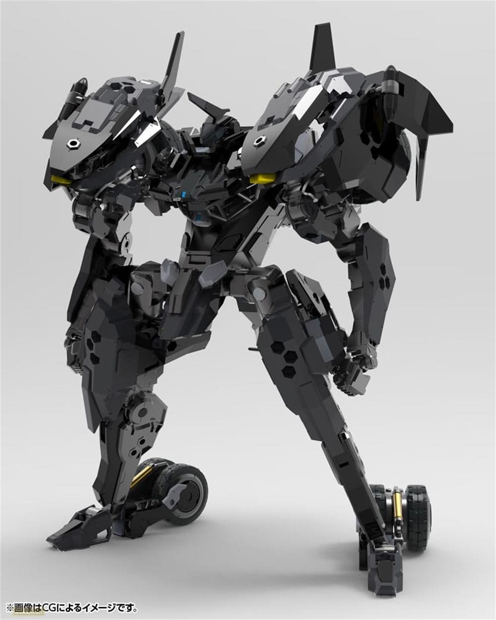 Ein schwarzer, futuristischer Mech mit gelben Lichtern und Rädern.