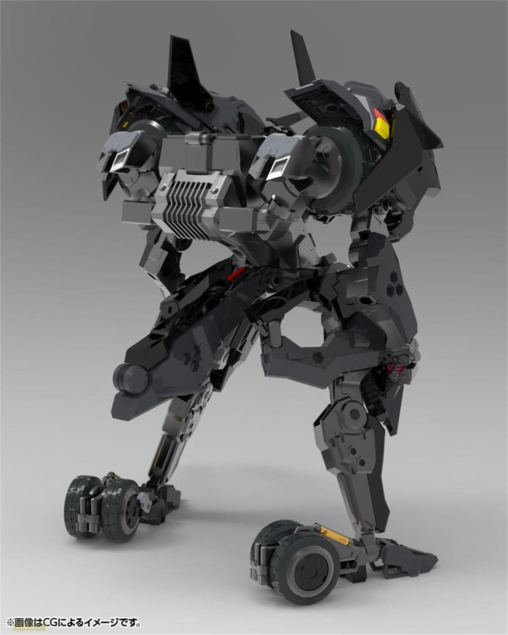 Ein dunkler, detaillierter Mech mit Rädern, grauem Hintergrund.