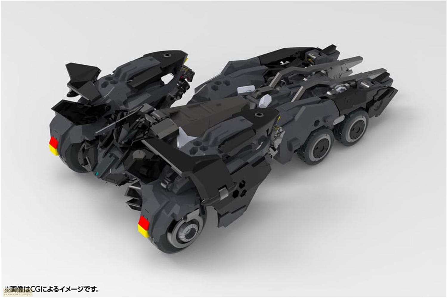 Ein futuristisches dunkles Fahrzeug mit mehreren Rädern und aerodynamischen Elementen.