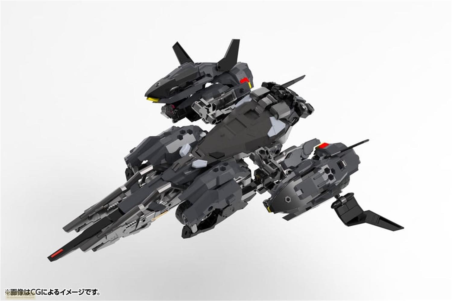 Ein dunkler, futuristischer Mech mit mehreren Gliedmaßen auf weißem Hintergrund.
