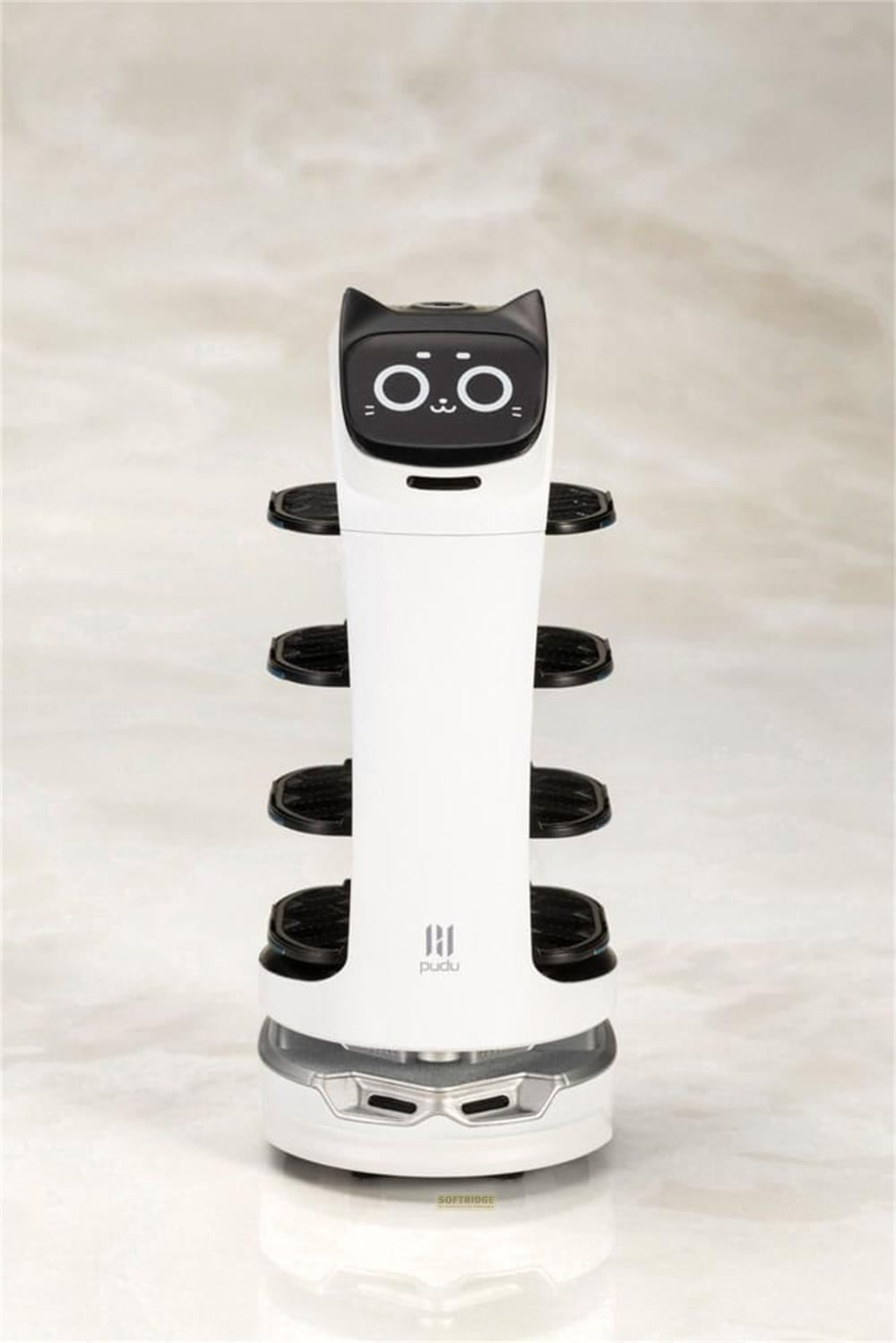 Ein weißer Roboter mit Katzenohren und einem Gesicht auf dem Bildschirm.