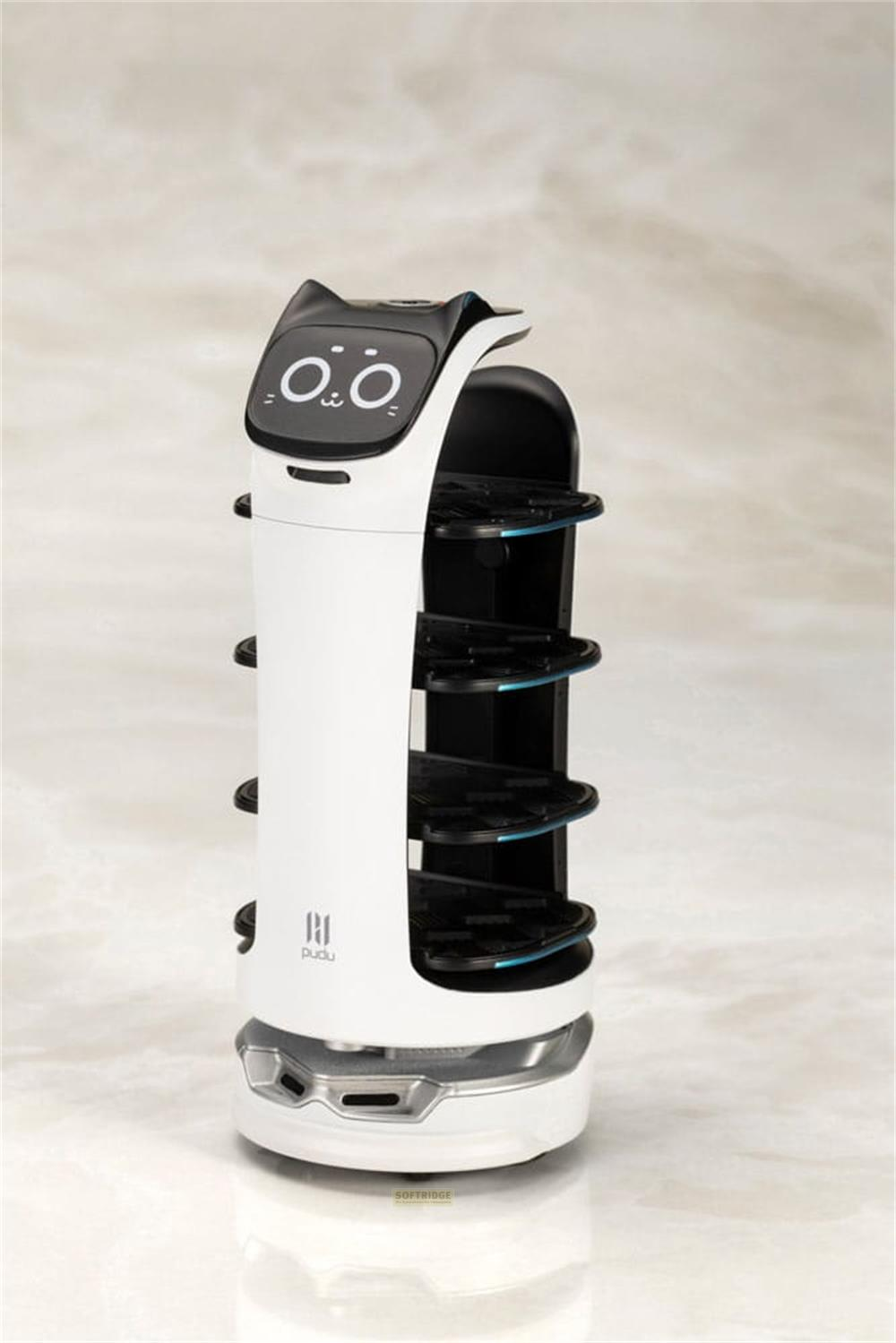 Ein weißer Lieferroboter mit Katzenohren und einem digitalen Gesicht auf hellem Hintergrund.