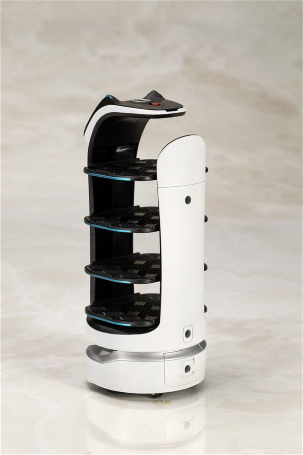 Ein weißer Servierroboter mit vier schwarzen Tabletts und blauen Akzenten.