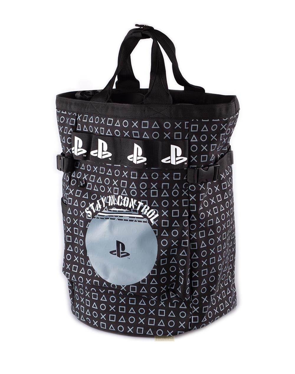 Schwarze Tasche mit PlayStation-Symbolen und Logo.