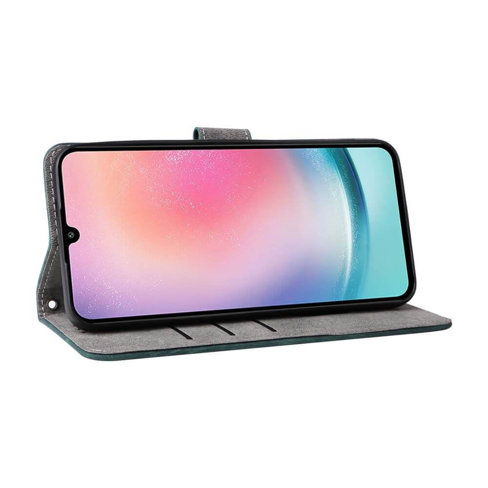 Uno smartphone in una custodia verde, che mostra uno sfondo colorato. Il telefono è orientato orizzontalmente.