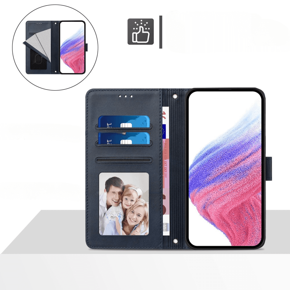 Custodia a libro blu scuro con tasche per carte, cornice e telefono.